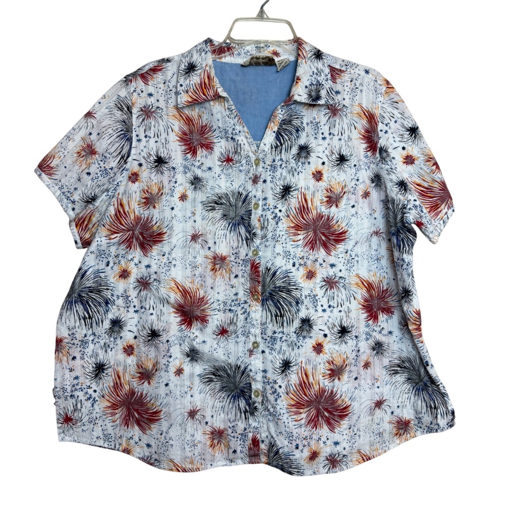 y2k July Patriotic Shirt Womens 2X White Red Blue Fireworks Cotton Top Americana